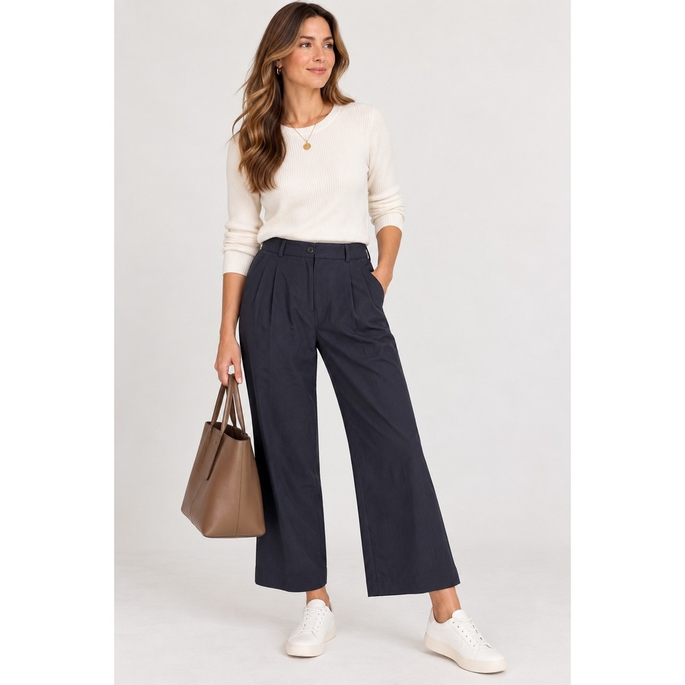 Banana Republic Navy Wool Pleated Wide Leg Pants 14 Minimalist Quiet Luxury Luxe
